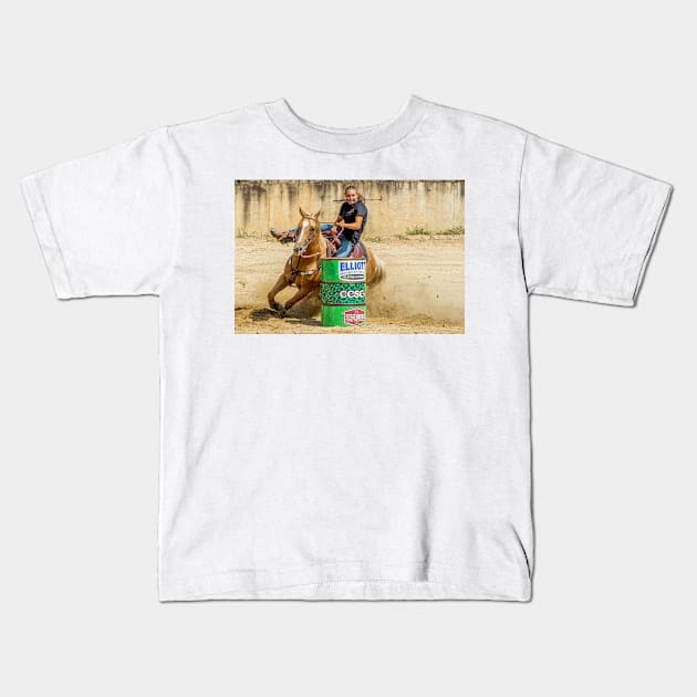 Barrel racer rounding a barrel Kids T-Shirt by joesaladino